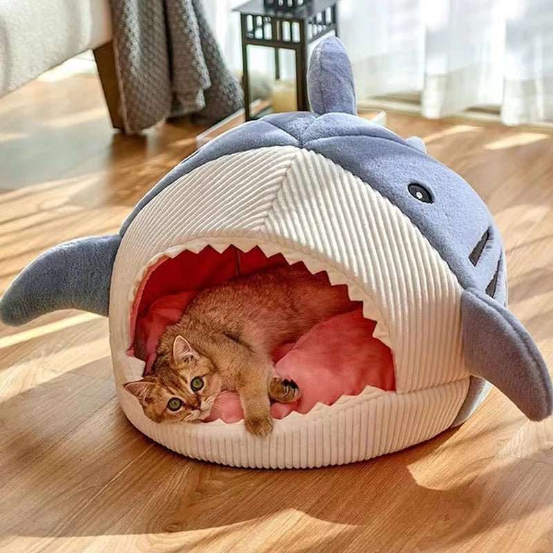 Un chat facinant et détendu dans sa niche CozyShark™. Le confort ultime pour votre félin."