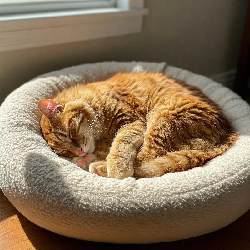 Chat roux endormi profondément et confortablement dans un panier moelleux et douillet, avec la lumière du soleil.