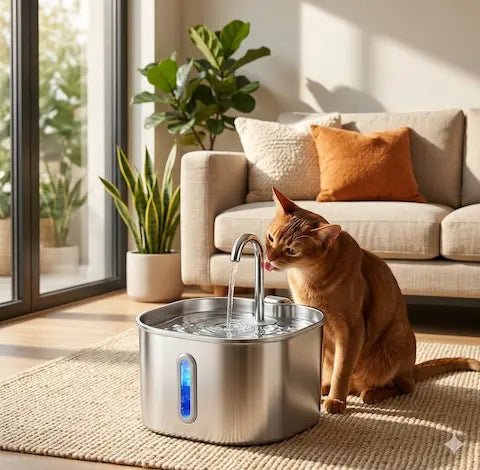 Fontaine à eau pour chat en acier inoxydable 2,2L avec capteur de mouvement dans un salon moderne