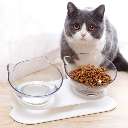 Gamelle double inclinée à 15° pour chat, idéale pour une digestion optimale et un confort postural.