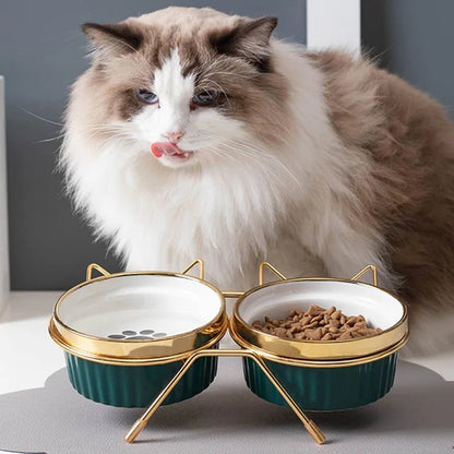 Gamelle double pour chat avec support antidérapant, idéale pour une alimentation confortable.