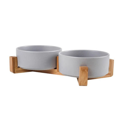 Set de gamelles doubles grises en céramique avec support en bois élevé pour chat