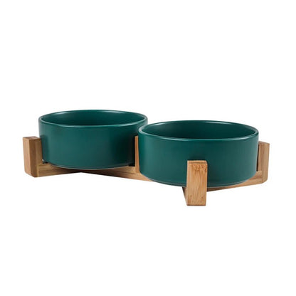 Lot de 2 gamelles doubles en céramique verte sur support en bois anti-dérapant pour chat