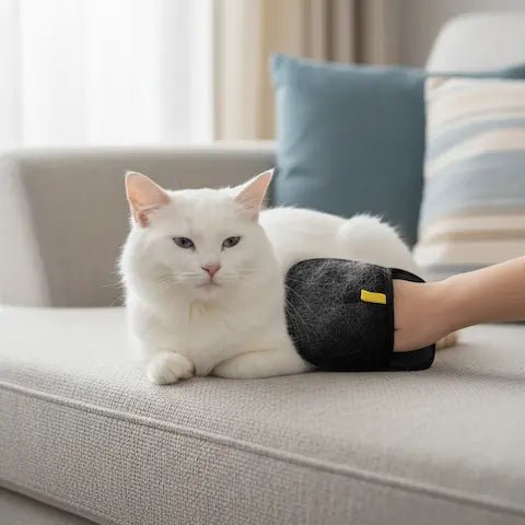 Main portant un gant de toilettage noir en train de caresser un chat blanc sur un canapé beige