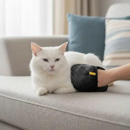 Main portant un gant de toilettage noir en train de caresser un chat blanc sur un canapé beige