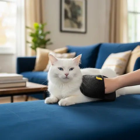 Main portant un gant de toilettage noir en train de caresser un chat blanc sur un canapé beige