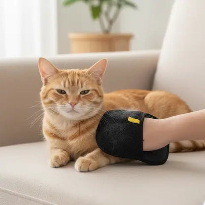 Main portant un gant de toilettage noir en train de caresser un chat roux sur un canapé beige