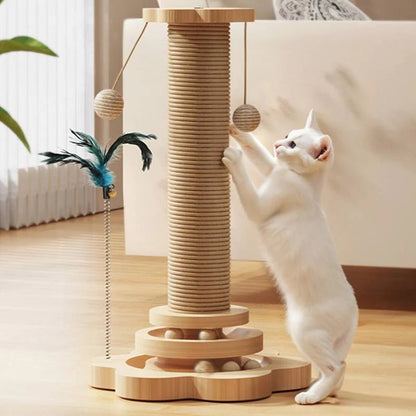 Griffoir naturel pour chat en bois et sisal avec toupie à billes