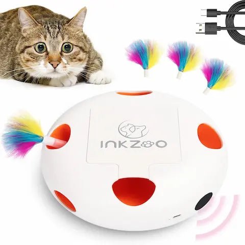 Chat jouant avec un jouet interactif automatique blanc à plumes colorées