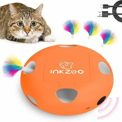 Chat jouant avec un jouet interactif automatique orange à plumes colorées