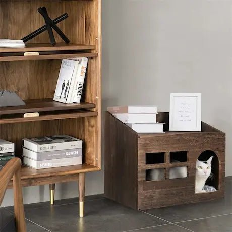 Maison chat bois dans un salon - meuble design qui s'intègre parfaitement à la déco