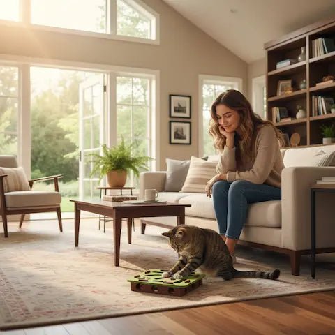 Chat jouant avec puzzle feutre – moment complicité