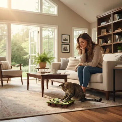 Chat jouant avec puzzle feutre – moment complicité