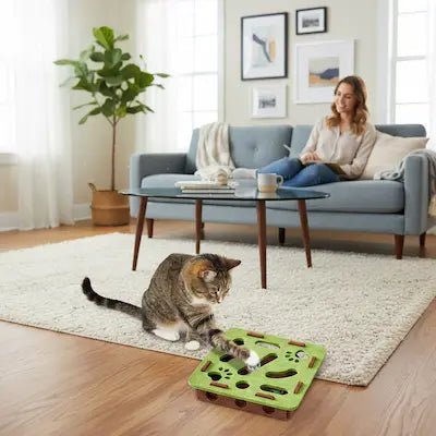 Maître assis sur canapé bleu regardant son chat gris jouer avec un puzzle en feutre, moment de complicité dans un salon lumineux