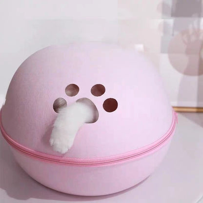 Niche pour chat design en feutre avec trous d'aération en forme de patte, chat curieux.