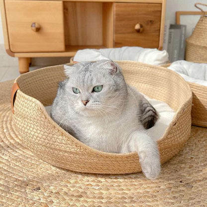 Chat gris dormant paisiblement dans un panier écologique en bambou