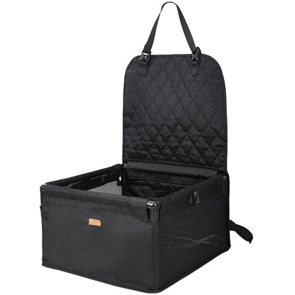 Panier siège auto pliable et étanche pour chat installé dans une voiture.