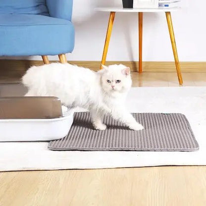 Chat blanc dans un salon avec un tapis anti-litière double couche noir devant son bac